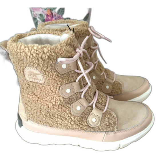 SOREL EXPLORER II LIL JOAN COZY SHERPA WATERPROOF BOOTS SIZE 9 SAND & PINK NWOB - Picture 2 of 13